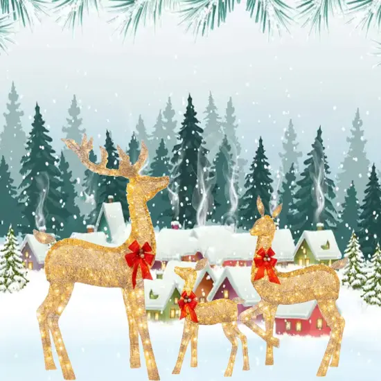 Premium Champagne Rattan Deer Trio with Red Bows for Holiday Decorating 63" + 52" + 37" {2}