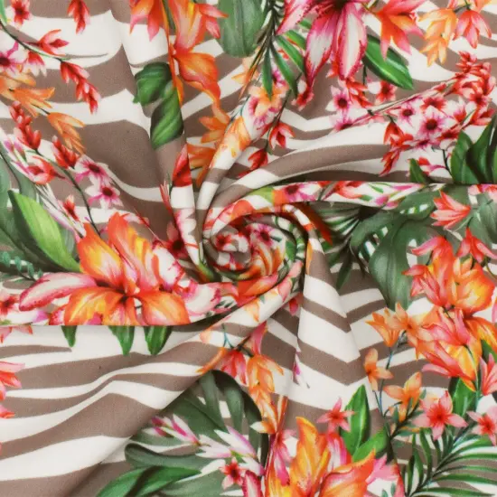 Green-Brown-Multi Floral Printed Stretch Poly Tricot Knit Swimwear Fabric By the Yard {1}