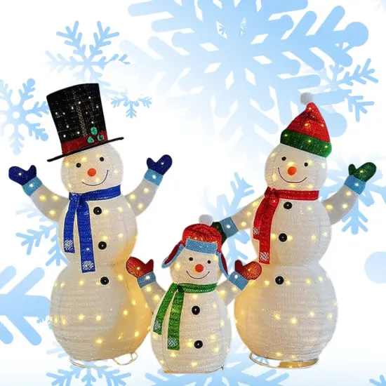Cheerful White Plush Lantern Snowman Family Set for Holiday Decor 62" & 60" & 35"H {4}