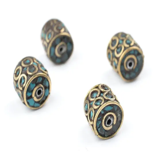 The Bead Chest Inlaid Nepali Cylindrical Brass Beads 10mm, Set of 4 Multicolor Cylinder Large Hole {1}