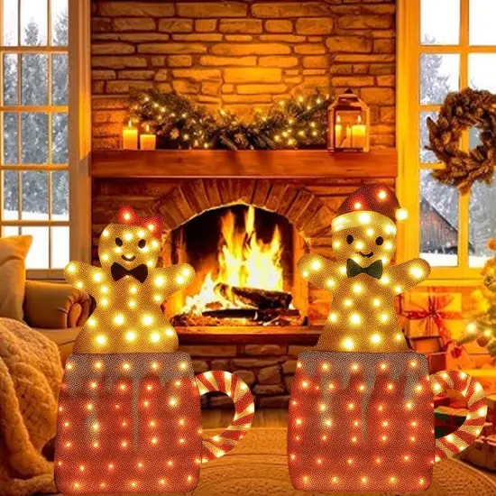 Indoor Holiday Gingerbread Couple Displayed in Festive Mug Duo Set 40" & 42" Tall {1}