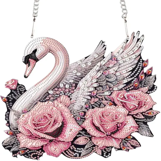 Diamond Art Painting Pendant Ornament Kits 5D Diamond Art Painting Art Hanging Kit Rose Swan DIY Diamond Crystal Window Door Pendant Kit for Adults Gift Wall Home Christmas Decoration (24.2x23 cm) {1}