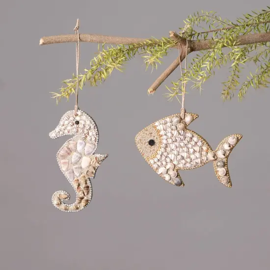 Shell & Glass Beaded Lac Sea Horse Ornament - Brown & White {5}