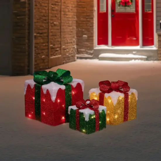 Northlight Set of 3 LED Lighted Green, Gold and Red Snowy Gift Boxes Outdoor Christmas Decorations {1}