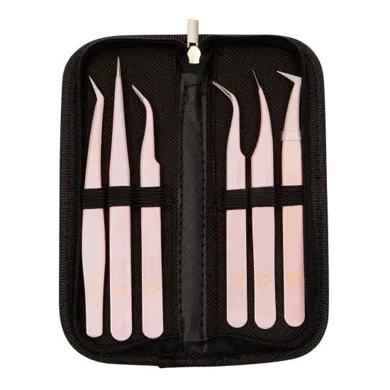 6-PiecePrecision Tweezer Set for Eyelash Extensions with Storage Case (Light Pink) {3}