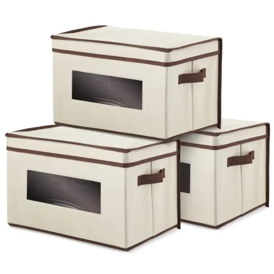 3 Pack Stackable Storage Bins With Lids, Handles, Foldable for Closet Organization (12 Inch, Cream) Brown {1}