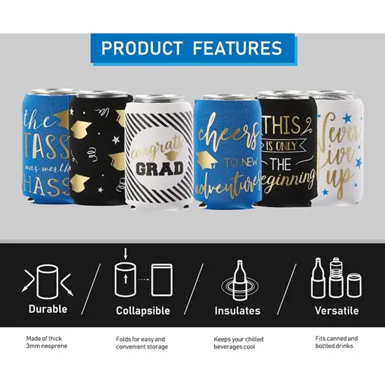 12 oz Graduation Neoprene Can Cooler Sleeves for Soda, Beer, Beverages (12 Pack) Black {4}