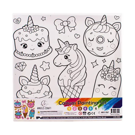 Angels Craft Paint by Number Canvas Set - Kawaii Treats | Includes: 1 Pre-printed Canvas, 6 Acrylic Paint pots, 1 Artist Brush {1}