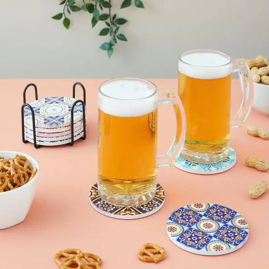 Set of 8 Ceramic Coasters for Drinks with Cork Base and Iron Holder, Mediterranean Tile Designs (4 Inches) Multicolor {2}