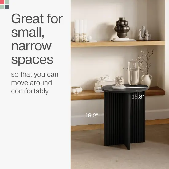 Round Fluted Accent Table - Pedestal Drink Desk - Modern Home, Bedroom, and Living Room Furniture - Small Round End Table with Solid Wood X-Base and Wood Veneer Top (Blackened Oak) {5}