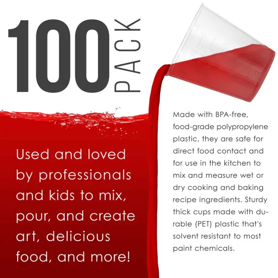 5 Oz (150 ml) Liquid Measuring Cups - Plastic Graduated Cup (100 Pack) with 25 Sticks - Reusable Mixing Cups for Paint, Craft, Kitchen, Lab, Medical Supplies, Epoxy Resin, Art {4}