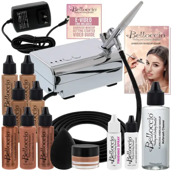 Belloccio Professional Beauty Deluxe Airbrush Cosmetic Makeup System with 4 Tan Shades of Foundation in 1/2 oz Bottles {1}
