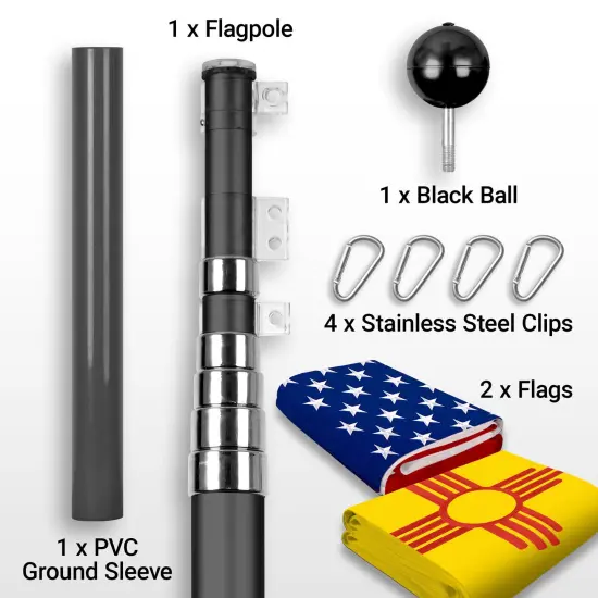 G128 Combo Pack: 25 Ft Telescoping Aluminum Flagpole (Black) & American and New Mexico Flags 3x5 Ft, Both StormFlyer Series Embroidered 220GSM Spun Polyester | Pole with Flags Included {2}