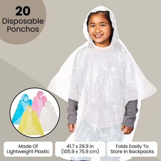 20-Pack Disposable Rain Ponchos for Kids - Emergency Plastic Raincoats with Hood for Boys and Girls Ages 3-14 (4 Colors, Clear) Multicolor {4}