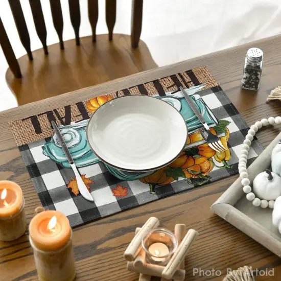 Set of 4 Buffalo Plaid Truck Hello Fall Placemats - 12x18 Inch (Black/Beige) {4}