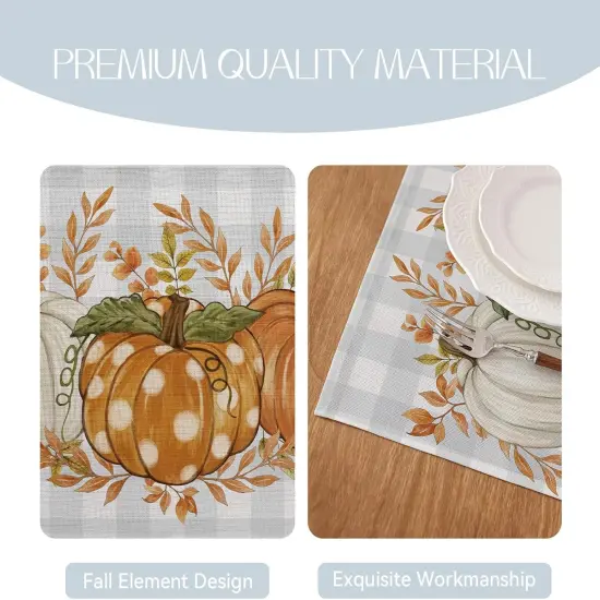 Set of 4 Pumpkin Grey and Blue Buffalo Plaid Placemats - 12 X 18 Inch {4}