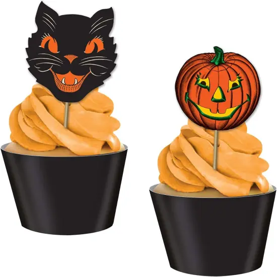 Paper Vintage Halloween Party Food Picks Cat Pumpkin Cupcake Toppers {3}