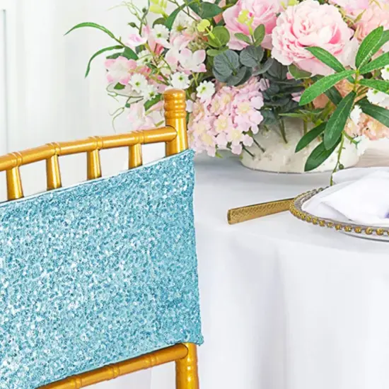 10 Pieces Soft Baby Blue Sequin Stretch Spandex Chair Bands 7 x 13 Inches {5}