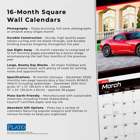 American Sports Cars OFFICIAL | 2026 12 x 24 Inch (Hanging) Monthly Square Wall Calendar | Foil Stamped Cover {6}