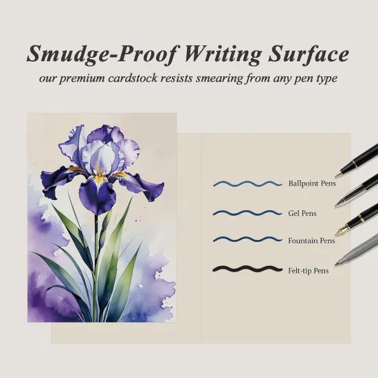 Blank Inside Greeting Card with Envelope for All Occasions, 5x7 Inch Elegant Watercolor Iris Card &ndash; Birthday, Sympathy, Thank You - Single Card {4}