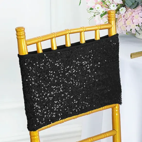 10 Pieces Sleek Black Sequin Stretch Spandex Chair Bands 7 x 13 Inches {4}
