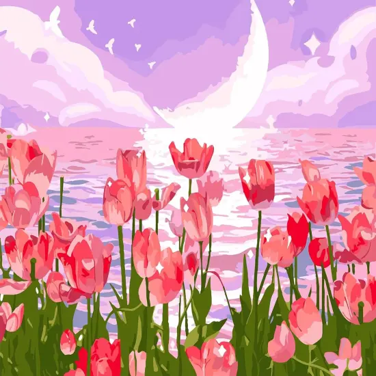 Paint by Numbers Kit for Adults, Tulip Flowers Paint by Number for Beginners, DIY Seaside Scenery Acrylic Number Painting on Canvas, Great Gifts Decor {1}