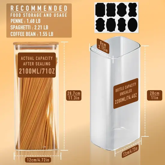 71oz Rectangle Airtight Glass Storage Containers with Bamboo Lids (Set of 3), Square Food Storage Jar, Pantry Organizers for Sugar, Flour, Spaghetti and Coffee beans (&lrm;with Black Lable) {2}