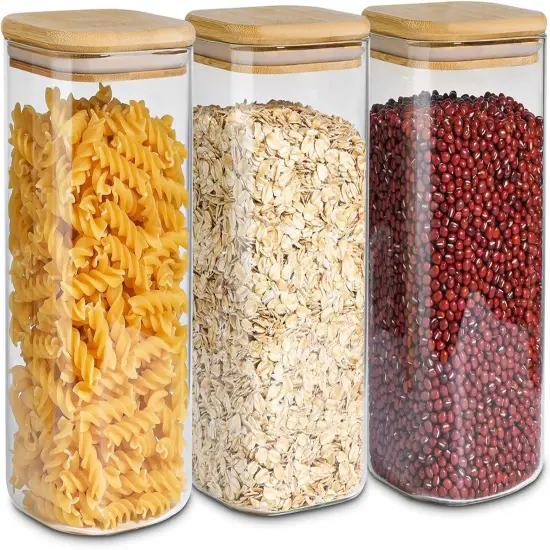 Airtight Glass Storage Canister with Wood Lid (51 oz), Clear Food Storage Container Jar with Sealing Lids for Oat Pasta Flour Cereal Rice Sugar Tea Coffee Beans, Set of 3 Square Cookie Jar {1}