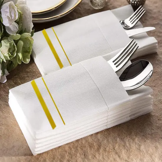 Disposable Dinner Napkins Cloth Like with Built-in Flatware Pocket,Wedding Party Linen Feel White and Golden Napkin, Prefolded for Silverware, 50 Counts {4}