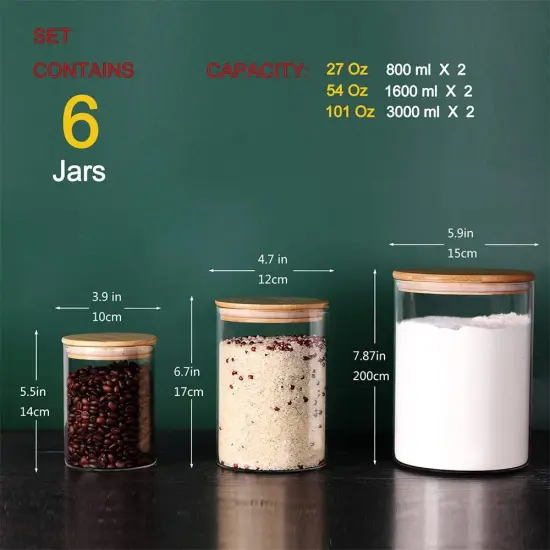 Glass flour Jars with Airtight Lids, 6 Pack Sugar and Flour Salt Containers Set, Extra Large Glass Rice Jar with Bamboo lid for Kitchen, Brown Suger, Beans, Groub Coffee (100OZ/54OZ/27OZ) {2}