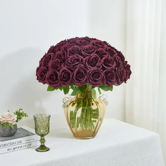 50pcs Roses Artificial Flowers Bulk,Burgundy Fake Roses Silk Flower {3}