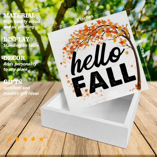 Hello Fall Square Wood Sign Tabletop Decor - 5 x 5 Inches {2}
