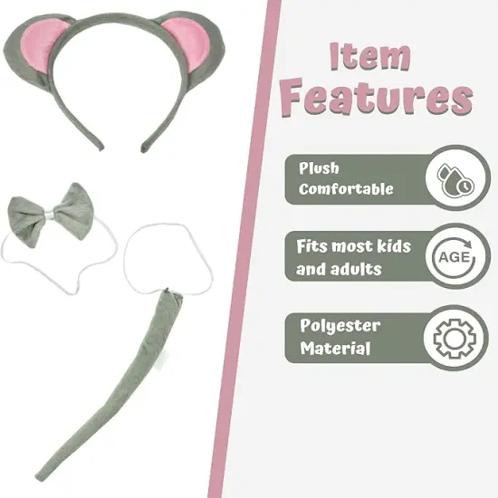 4E's Novelty Mouse Costume Set 3 Pcs for Kids & Adults - Mouse Ears Headband, Bowtie & Tail Cosplay Kit - Halloween, Party, Dress Up Accessories for Girls, Boys, Men, Women, Pets {6}