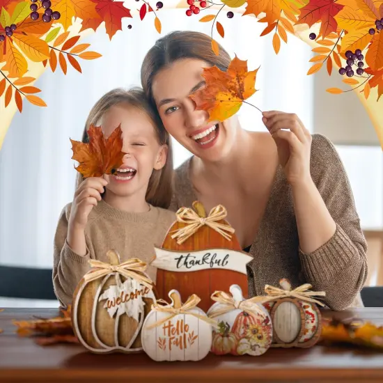 5 Pcs Fall Wooden Pumpkin Tabletop Signs(Brown) {5}