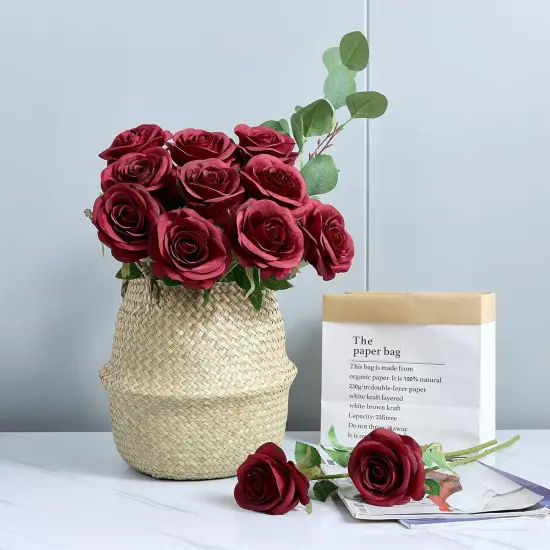 12pcs Roses Artificial Flowers Fake Roses Burgundy Silk Roses Wine Red Silk Flowers Rose with Long Stems {5}