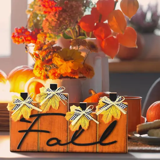 4 Pcs Fall Wooden Block Sign Table Decor {5}