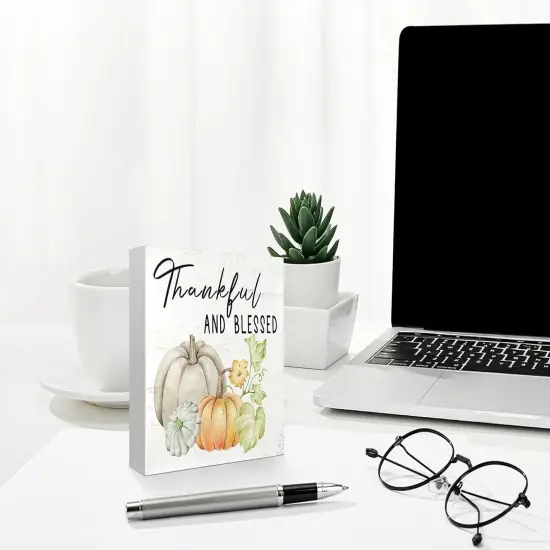 5x5 Inch - Rustic Thankful and Blessed Wooden Box Sign Tabletop Decor {5}