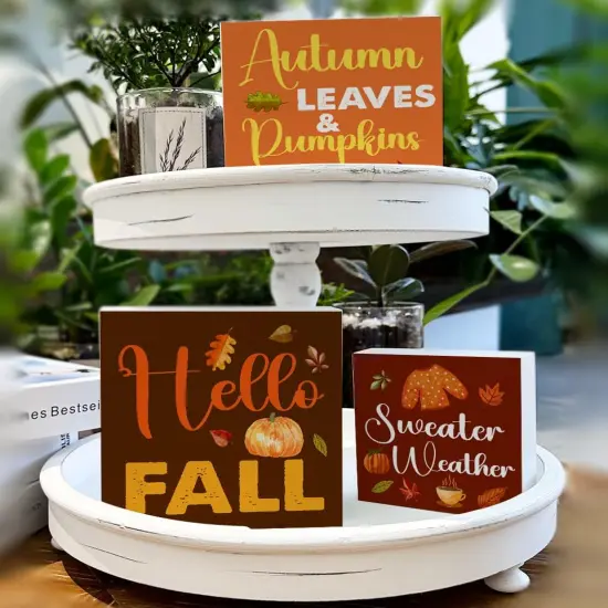 3 Pcs Hello Fall Wood Signs Tabletop Decor {5}