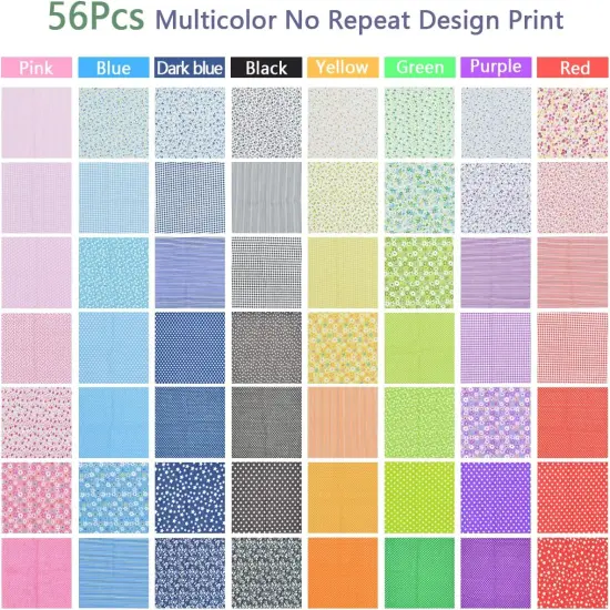 56Pcs 10"x10" Quilting Cotton Fabric Squares Sheets Pre-Cut Multi-Color (56 Different Patterns) {3}