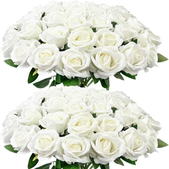 Fake Velvet Silk White Roses with Long Stems Realistic Bouquet for Wedding Centerpieces {6}
