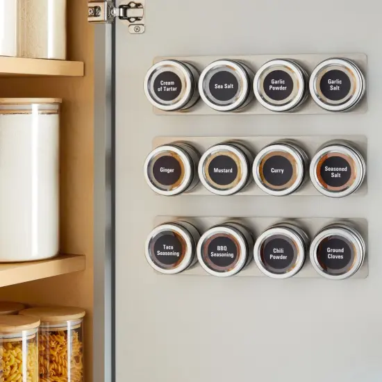 Talented Kitchen 12 Magnetic Spice Jars for Refrigerator with 3 Metal Wall Bases, 269 Preprinted Seasoning Labels, 2 Styles, 1 Cooking Conversion Chart, for 3 oz Containers Silver {3}