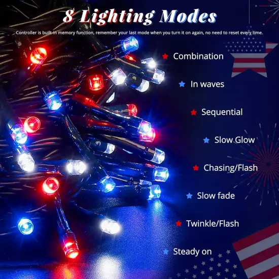 MYGOTO Red White and Blue String Lights,33FT 100LED 4th of July Patriotic Fairy Lights Outdoor Waterproof,8 Modes Memory UL Plug Independence Day Light for Home Party Holiday Tree Xmas Decoration {2}