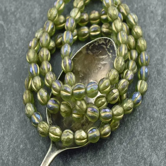 *25* 6mm Gold Washed Matte Peridot Luster Faceted Round Melon Beads {4}