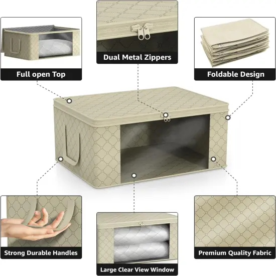 Sorbus Medium Clothes Storage Bag 1 Pack, Blanket Organizater Bin with Window, Lids, and Handles Beige {5}