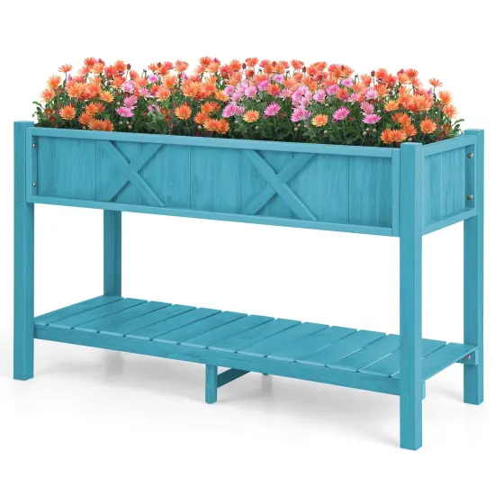 Costway HIPS Raised Garden Bed Poly Wood Elevated Planter Box with Legs, Storage Shelf Blue/Coffee/Black {7}