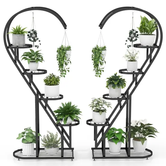 Costway 5 Tier Metal Plant Stand Heart-shaped Shelf with Hanging Hook for Multiple Plants Black/White/Pink & Blue {7}