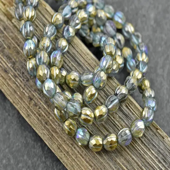 *25* 6mm Turquoise Washed Gold Lustered Crystal Faceted Round Melon Beads {4}