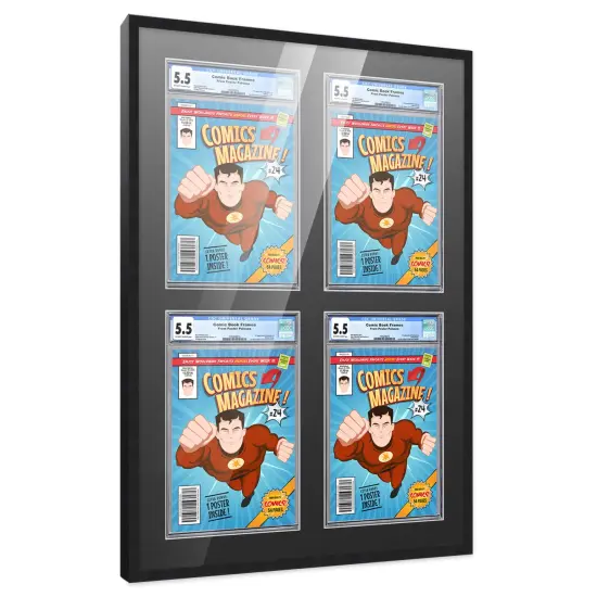 Comic Book Frame with Mat for 4 Graded Comics - Black Wood Comic Frame With Black Mat for 8.125x13 Comics - 20.75x30.5 Frame Size {2}