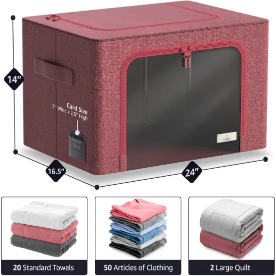 Sorbus 1 Pack Jumbo Storage Bin with Metal Frame, Storage Containers with Window & Handles, Stackable & Foldable Clothes Organizer Bag Pink {4}