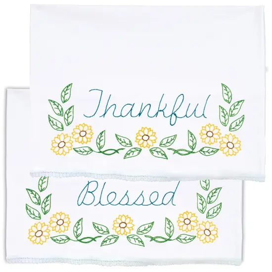Jack Dempsey Stamped Pillowcases W/White Lace Edge 2/Pkg-Thankful & Blessed {3}